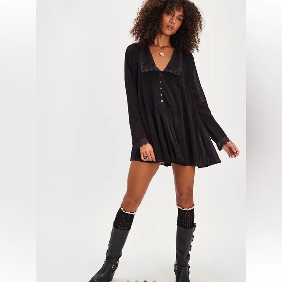 Free People Victorian Mini Dress in Black NWOT