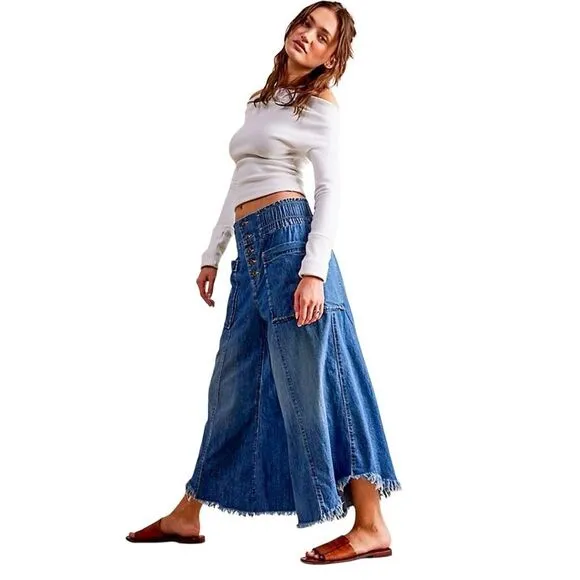 Free People We The Free L Sun Setter Pull-On Jeans Medium Wash Flared Cut Off