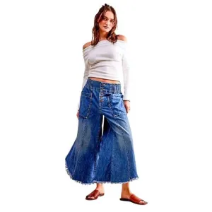 Free People We The Free L Sun Setter Pull-On Jeans Medium Wash Flared Cut Off