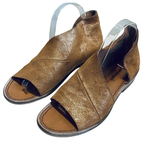 Free People Women’s Sz 8.5 Metallic Tan Sandals Mont Blanc Leather Cutout Flats