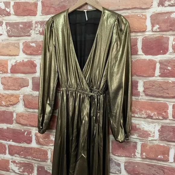 Free People Zohara Lame Wrap Dress Women's Small Gold Metallic Ruffle Maxi