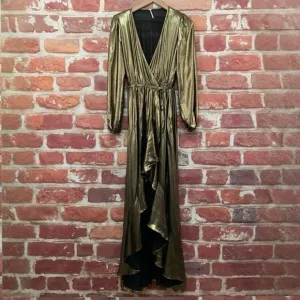 Free People Zohara Lame Wrap Dress Women's Small Gold Metallic Ruffle Maxi