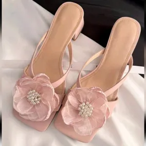 French Chunky Heel Faux Pearl Flower Strap Slides Women Outdoor Wear 2025 Summer