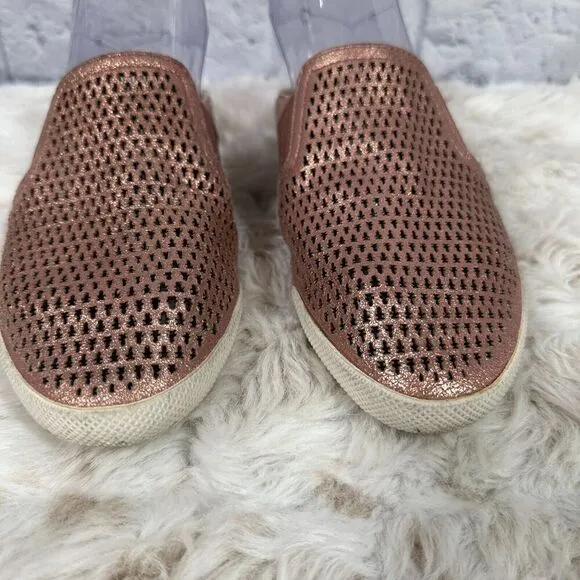 Frye Melanie Mules Womens 7.5 Brown Leather Flats Laser Cut Rose Pink Metallic