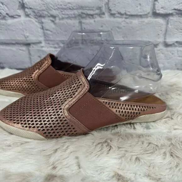 Frye Melanie Mules Womens 7.5 Brown Leather Flats Laser Cut Rose Pink Metallic