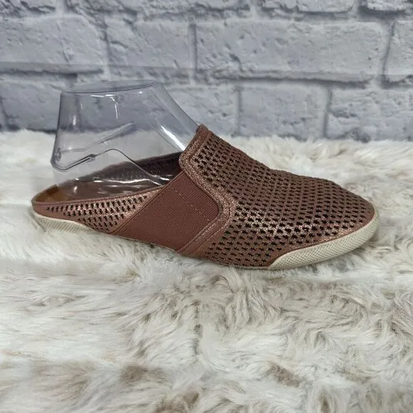 Frye Melanie Mules Womens 7.5 Brown Leather Flats Laser Cut Rose Pink Metallic