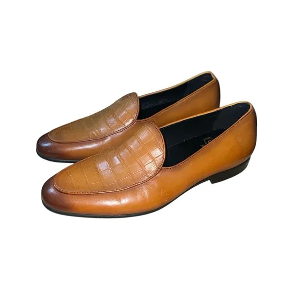 Gifennse Men’s Brown Leather Loafers Size 7.5 Croc Embossed Slip On Dress Shoes
