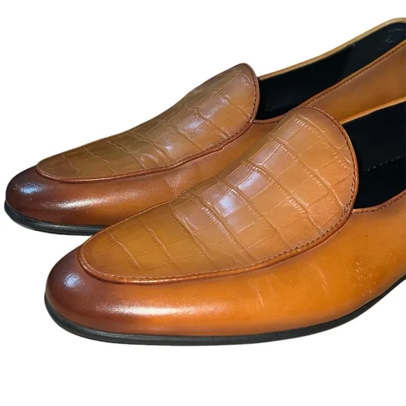 Gifennse Men’s Brown Leather Loafers Size 7.5 Croc Embossed Slip On Dress Shoes