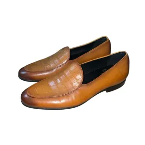 Gifennse Men’s Brown Leather Loafers Size 7.5 Croc Embossed Slip On Dress Shoes