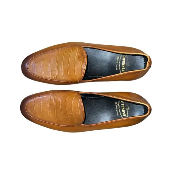 Gifennse Men’s Brown Leather Loafers Size 7.5 Croc Embossed Slip On Dress Shoes