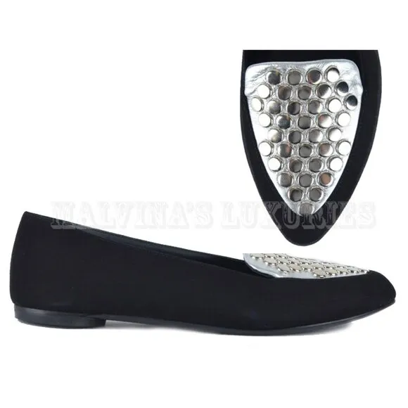 GIUSEPPE ZANOTTI SHOES STUDDED BLACK SUEDE LEATHER FLATS