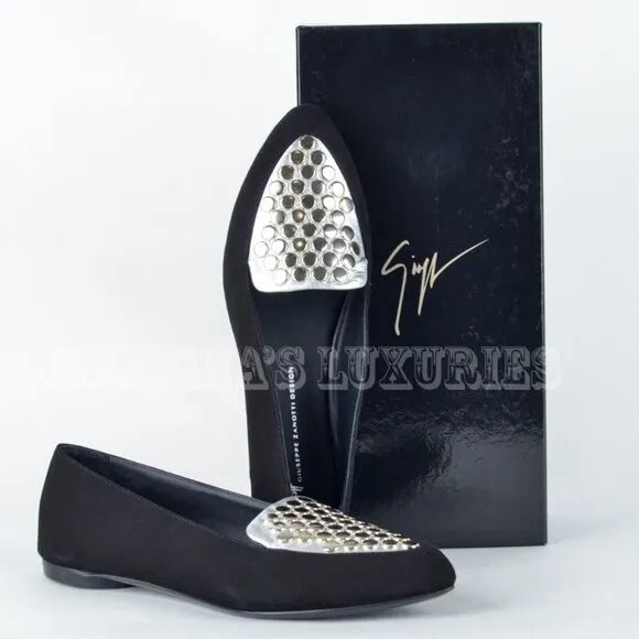 GIUSEPPE ZANOTTI SHOES STUDDED BLACK SUEDE LEATHER FLATS