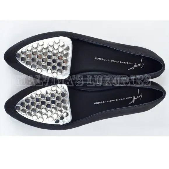 GIUSEPPE ZANOTTI SHOES STUDDED BLACK SUEDE LEATHER FLATS