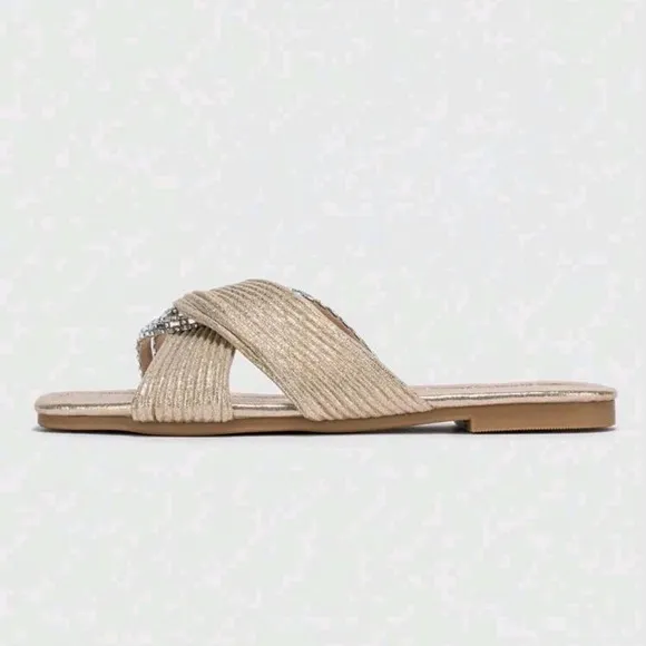 Glamorous Sandals For Women, Metallic Twist &amp; Rhinestone Decor Satin Slide