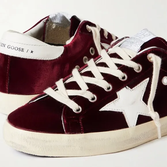 Golden Goose Superstar Distressed Leather-Trimmed Burgundy Velvet Sneakers 39