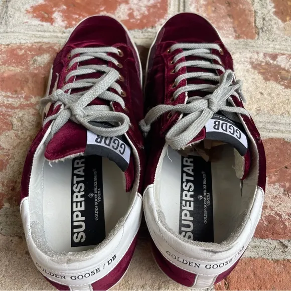 Golden Goose Superstar Distressed Leather-Trimmed Burgundy Velvet Sneakers 39