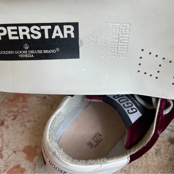 Golden Goose Superstar Distressed Leather-Trimmed Burgundy Velvet Sneakers 39