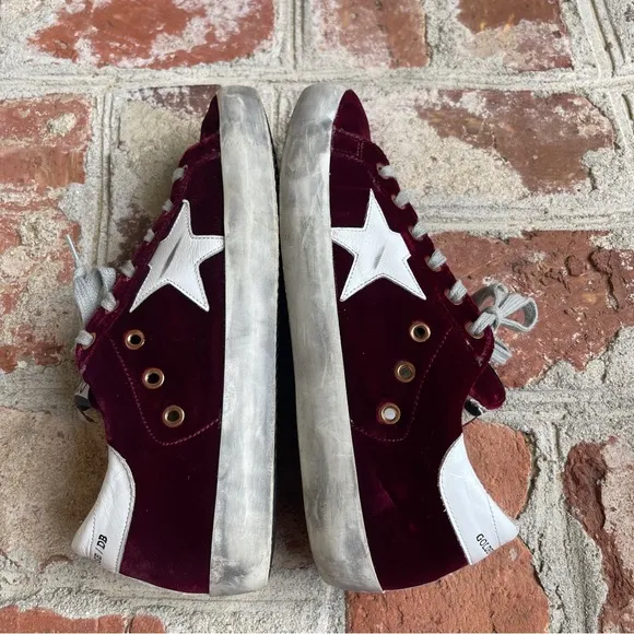 Golden Goose Superstar Distressed Leather-Trimmed Burgundy Velvet Sneakers 39