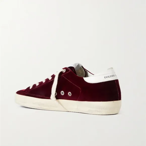 Golden Goose Superstar Distressed Leather-Trimmed Burgundy Velvet Sneakers 39