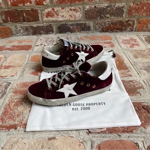 Golden Goose Superstar Distressed Leather-Trimmed Burgundy Velvet Sneakers 39