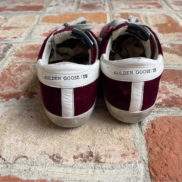 Golden Goose Superstar Distressed Leather-Trimmed Burgundy Velvet Sneakers 39