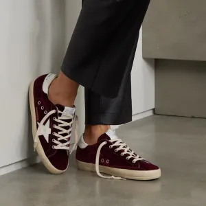 Golden Goose Superstar Distressed Leather-Trimmed Burgundy Velvet Sneakers 39