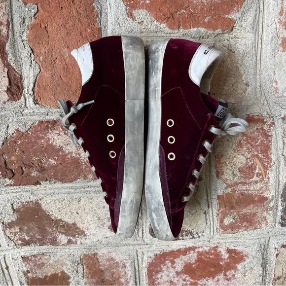 Golden Goose Superstar Distressed Leather-Trimmed Burgundy Velvet Sneakers 39