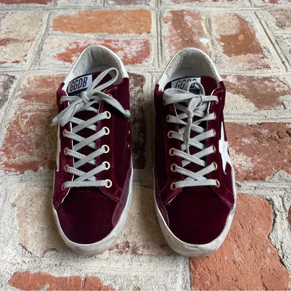 Golden Goose Superstar Distressed Leather-Trimmed Burgundy Velvet Sneakers 39
