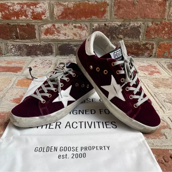 Golden Goose Superstar Distressed Leather-Trimmed Burgundy Velvet Sneakers 39