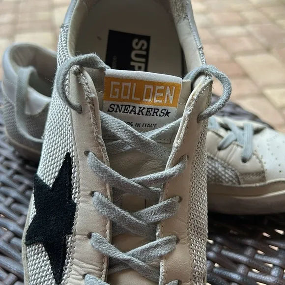 Golden Goose Superstar sneakers  cream with black star with mesh detail.