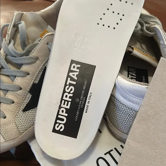 Golden Goose Superstar sneakers  cream with black star with mesh detail.