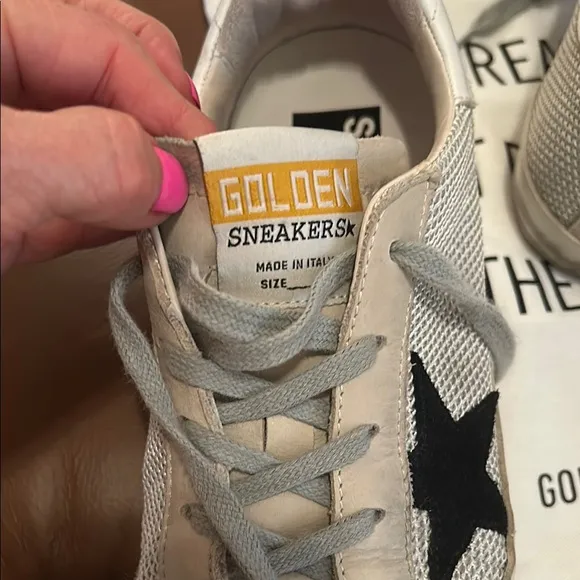 Golden Goose Superstar sneakers  cream with black star with mesh detail.