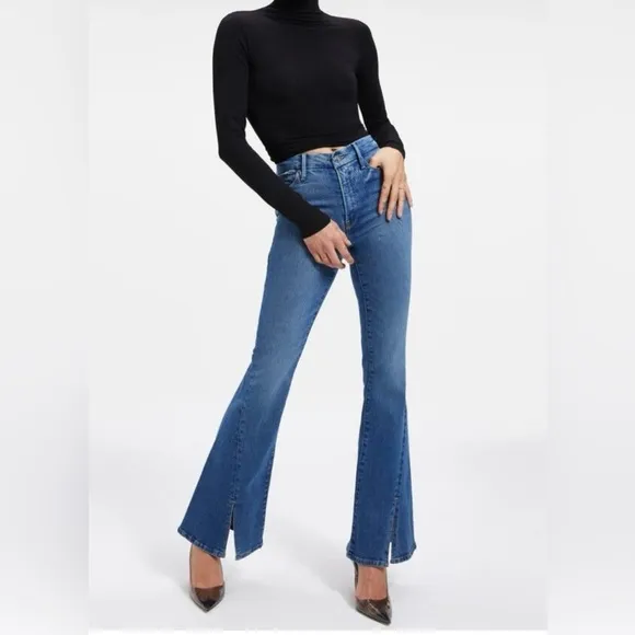 Good American Good Legs Twisted Front Slit Flare Jeans in Indigo Sz 14/32