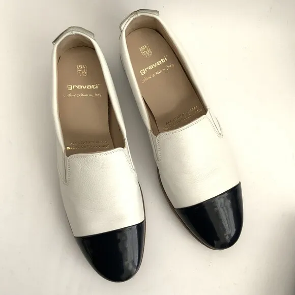 Gravati Loafers Size 6.5M White Blue All Leather Hand Made Cap-toe Italy