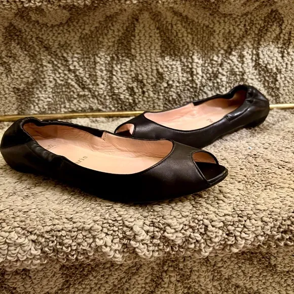 GUC Christian Louboutin Black Kid Leather Peep Open Toe Ballet Flats Size 37 / 7