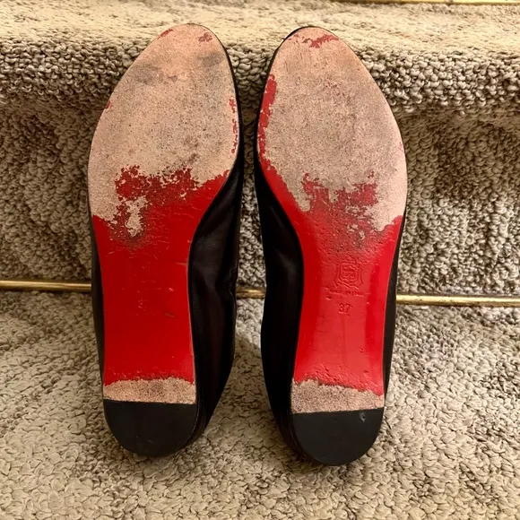 GUC Christian Louboutin Black Kid Leather Peep Open Toe Ballet Flats Size 37 / 7
