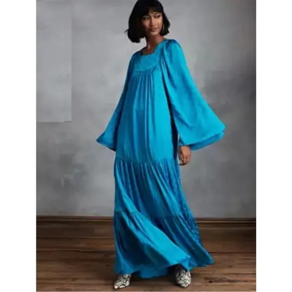 Happy X Nature Daydream Maxi Dress Blue Jewel Satin Polka Dot Wide Sleeve Size M