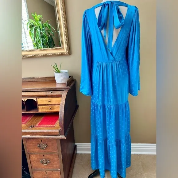 Happy X Nature Daydream Maxi Dress Blue Jewel Satin Polka Dot Wide Sleeve Size M