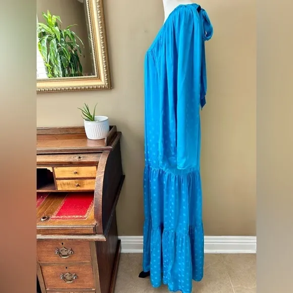 Happy X Nature Daydream Maxi Dress Blue Jewel Satin Polka Dot Wide Sleeve Size M