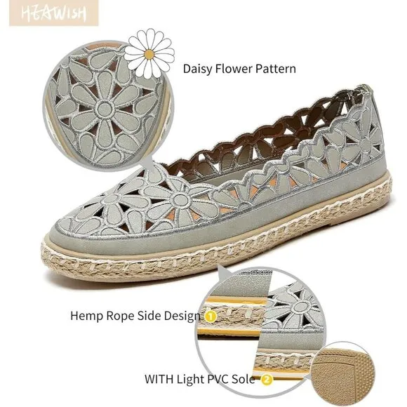 Heawish Flat Shoes Women Grey Leather  Daisy Round Toe Casual Slip On Rope Shoes
