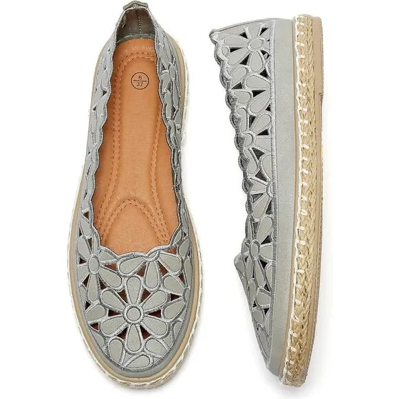 Heawish Flat Shoes Women Grey Leather  Daisy Round Toe Casual Slip On Rope Shoes