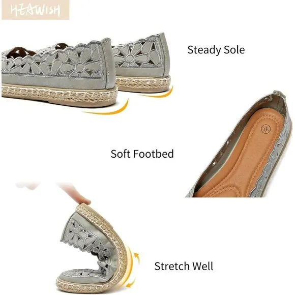Heawish Flat Shoes Women Grey Leather  Daisy Round Toe Casual Slip On Rope Shoes