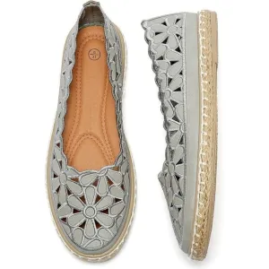 Heawish Flat Shoes Women Grey Leather  Daisy Round Toe Casual Slip On Rope Shoes