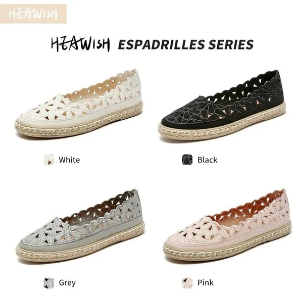 Heawish Flat Shoes Women Grey Leather  Daisy Round Toe Casual Slip On Rope Shoes