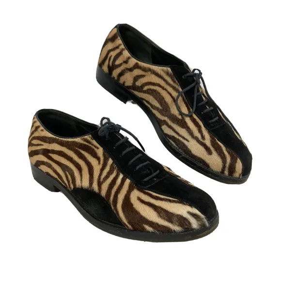 Henry Beguelin Shoes Women Sz 8.5 Brown Animal Print Leather Calf Hair Lace Up