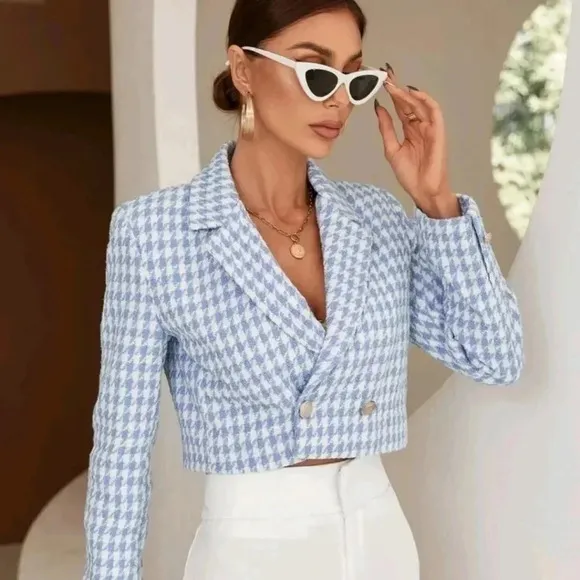 Houndstooth Print DoubleBreasted Blazer Workwear