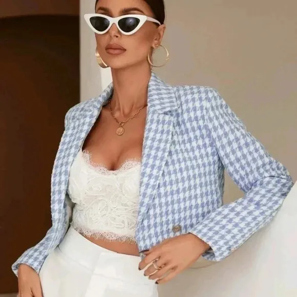 Houndstooth Print DoubleBreasted Blazer Workwear