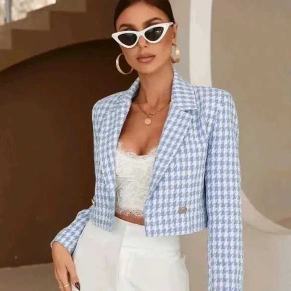 Houndstooth Print DoubleBreasted Blazer Workwear