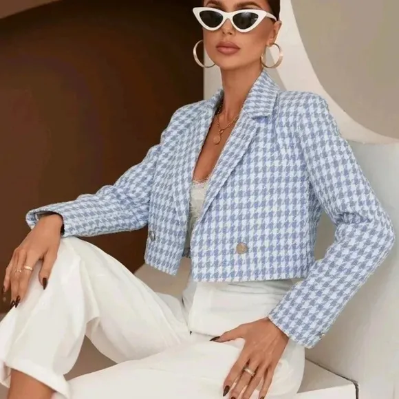 Houndstooth Print DoubleBreasted Blazer Workwear