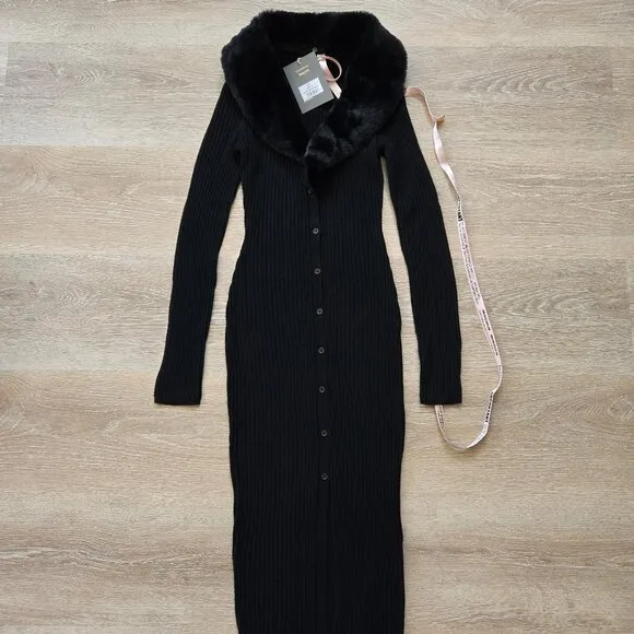 House of CB Raine Faux Fur Trim Ribbed Knit Button Dress Medium New With Tags